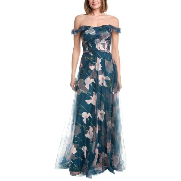 Rene Ruiz WomensOff-The-Shoulder Tulle Floral Gown Green